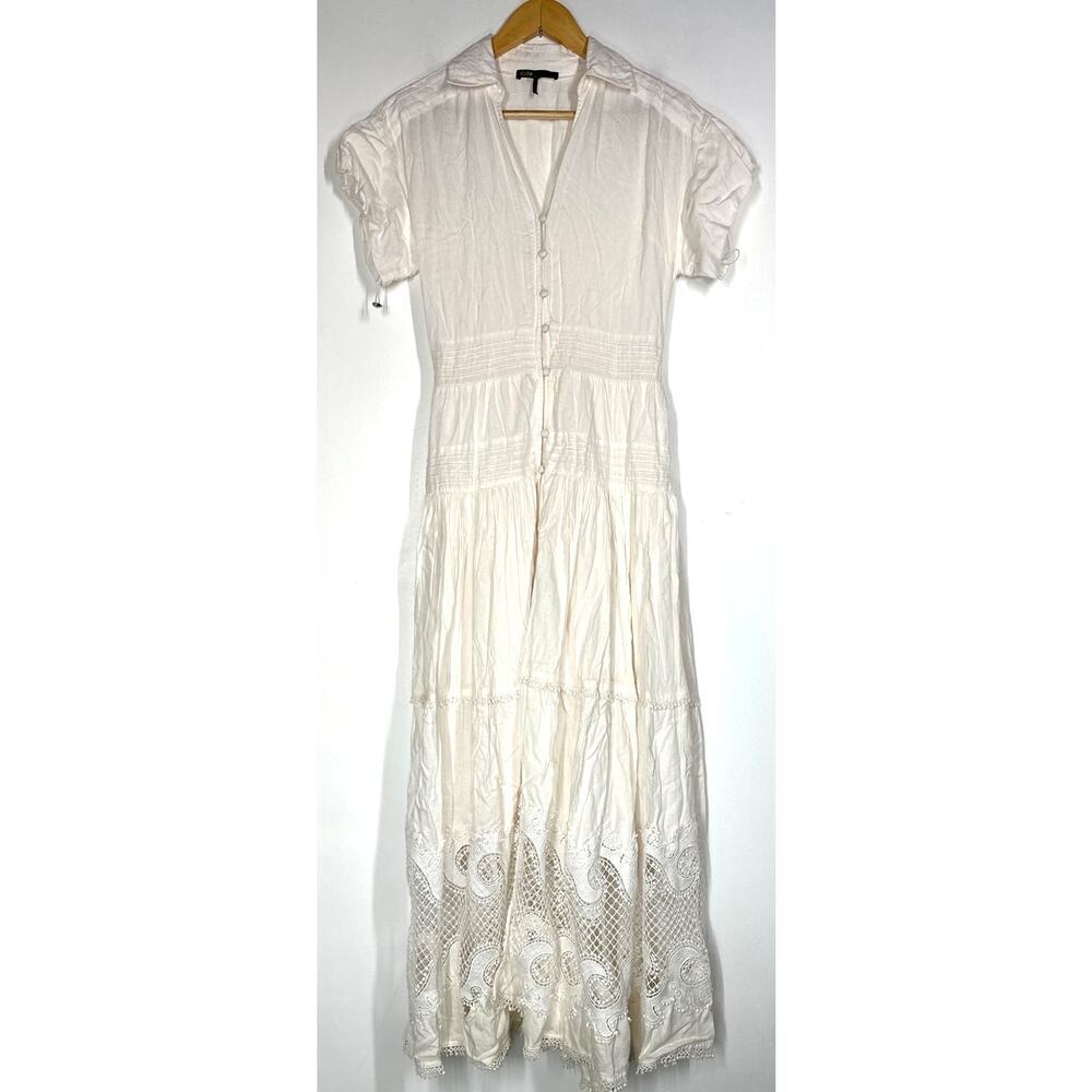 Maje Dress Embroidered Lace Button Front Ruffled Tiered Maxi A-Line White 38 - Picture 6 of 12